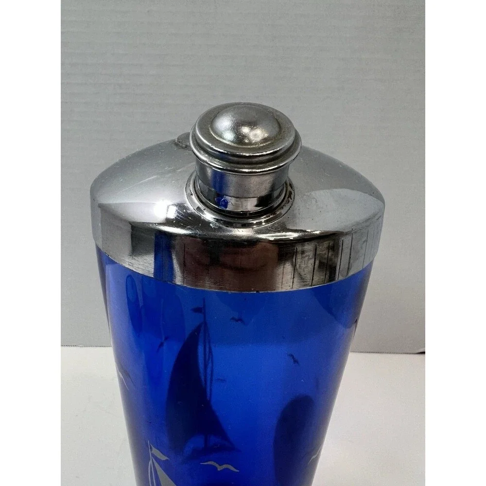 Vintage Hazel Atlas Cobalt Blue Cocktail Shaker glasses ice bucket Sailboat